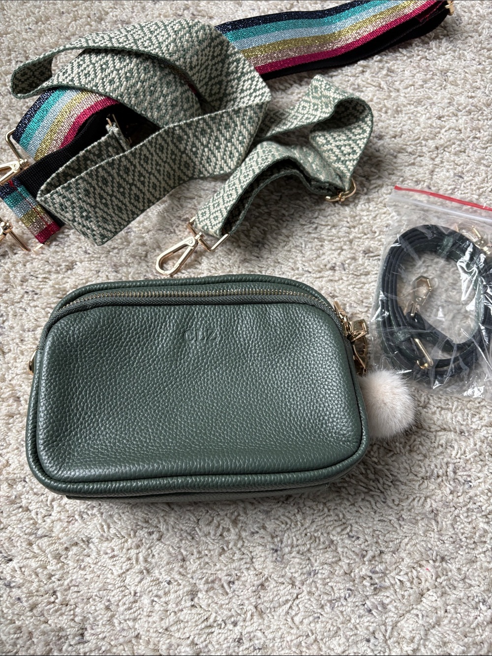 Pom Pom London Pebbled Green Leather Crossbody with Removable Straps